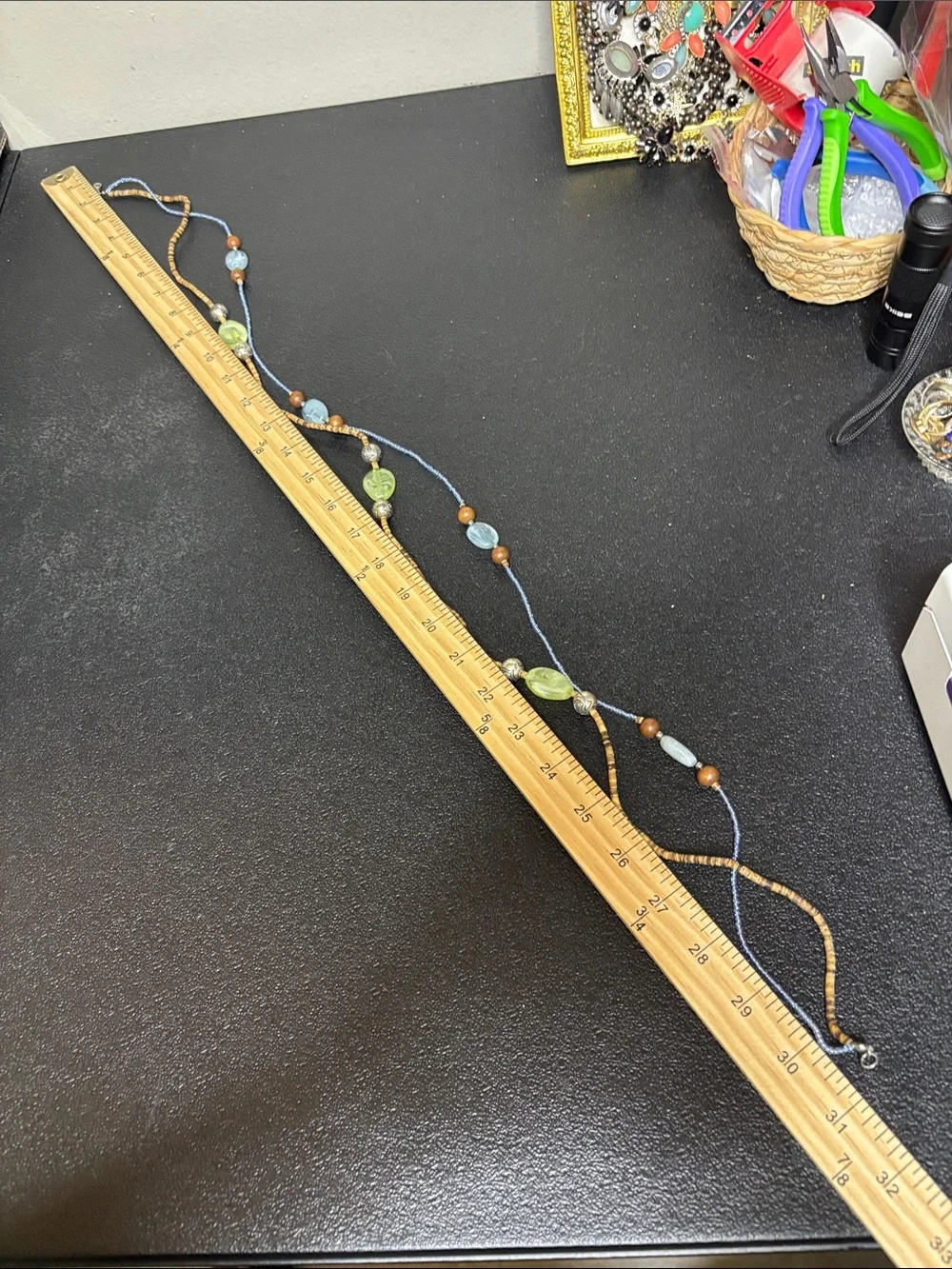 Handcrafted Boho Wood Muti Media Blue and Green Beaded Layered Necklace